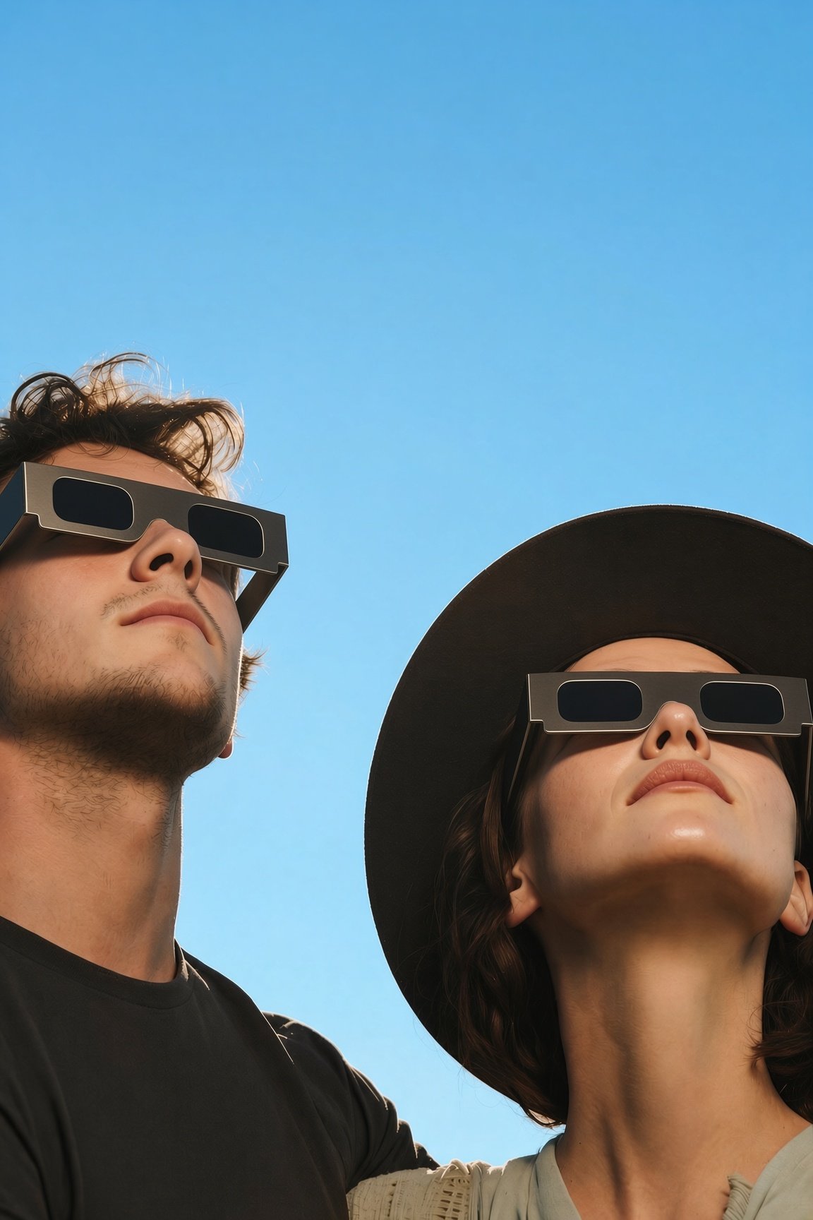 Dos personas mirando hacia el cielo con gafas de eclipse homologadas
